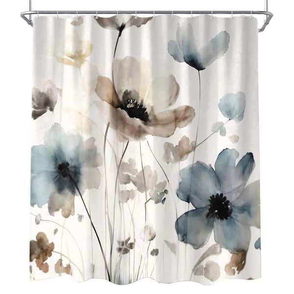 Boho Floral Shower Curtain 72 x 72 inch Cream Tan Beige Blue Grey Watercolor Fabric Set with Hooks Farmhouse Decor