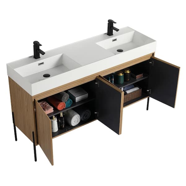 Crownpoint 60 in. Freestanding Double Bright Oak Bathroom Vanity with White Acrylic Sink Top Unassembled
