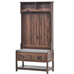 33.5 in. W x 16.5 in. D x 69 in. H Brown Linen Cabinet Hall Tree with 4-Hooks Storage Bench for Entrance, Hallway