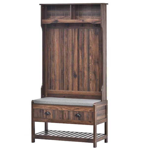 Unbranded 33.5 in. W x 16.5 in. D x 69 in. H Brown Linen Cabinet Hall Tree with 4-Hooks Storage Bench for Entrance, Hallway