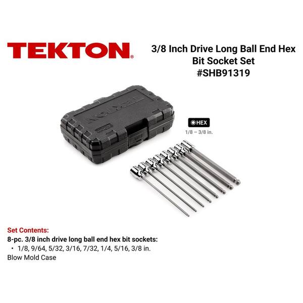 3/8 Inch Drive Long Ball End Hex Bit Socket Set with Case, 8-Piece (1/8-3/8 in. )
