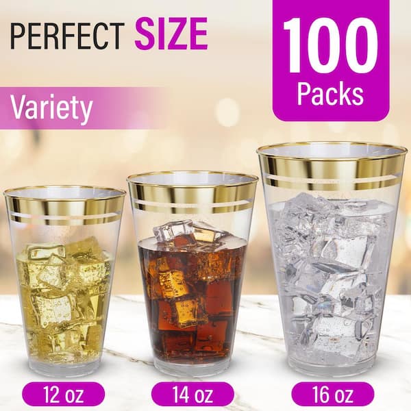 PERFECT SETTINGS 9 oz. 4 Line Gold Rim Clear Disposable Plastic Cups,  Party, Cold Drinks, (110/Pack) 110GLDFOURLN9OZ - The Home Depot