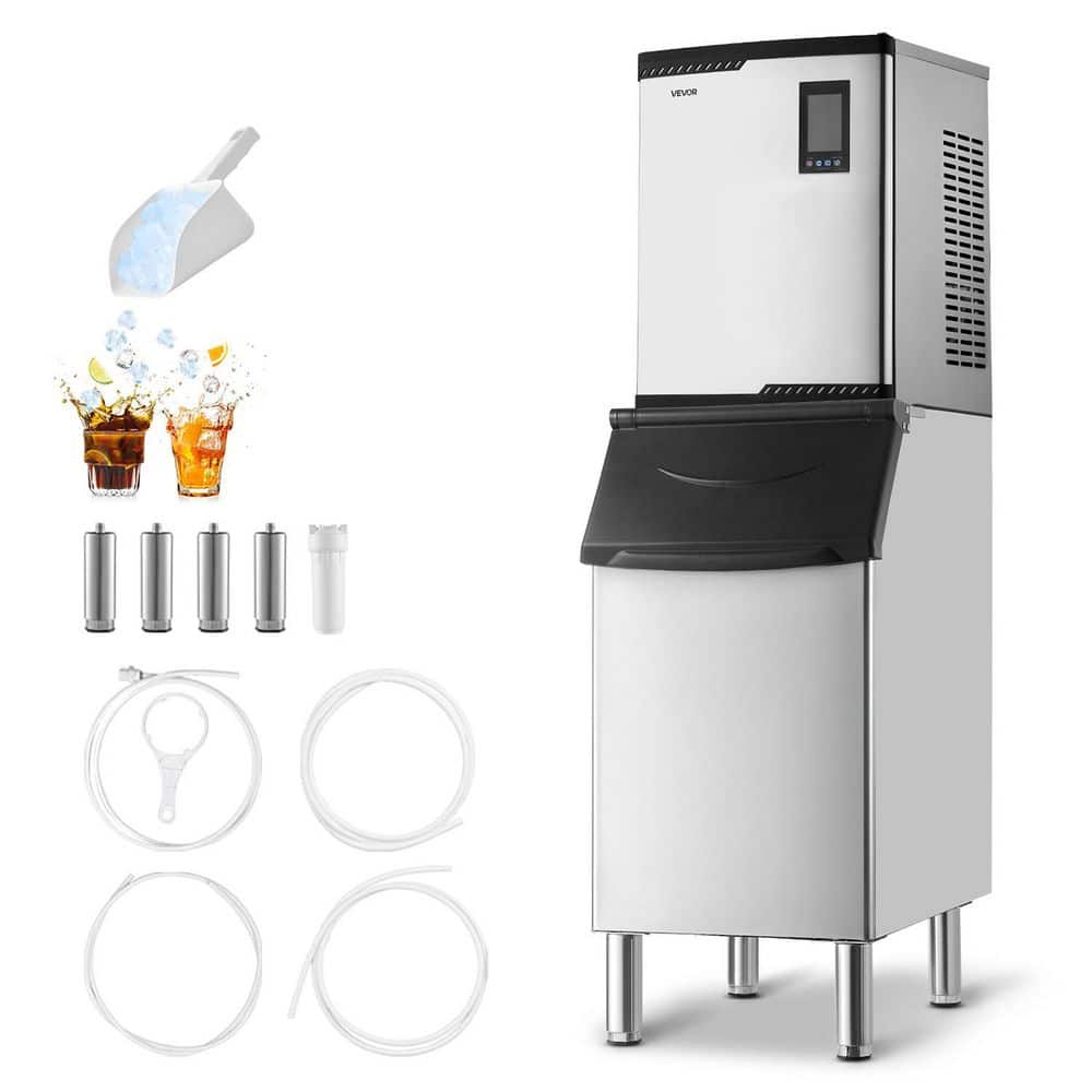 20.47 in. Commercial Ice Maker Machine 800 lbs./24H w/300 lbs. Storage Silver Self-Cleaning Full Size Cubes Freestanding
