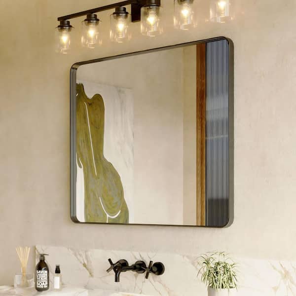 40 in. W x 36 in. H Rectangular Aluminum Framed Modern Black Rounded Wall Mirror