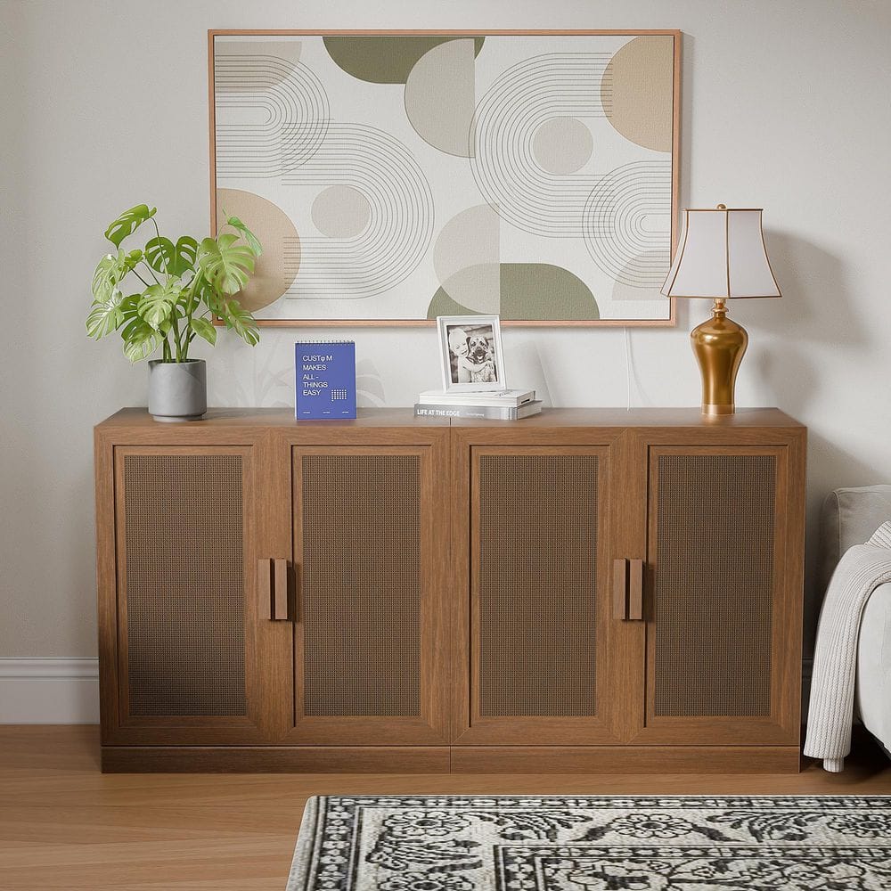 Set of 2 Walnut Wooden 31 in. H Storage Cabinet with Adjustable Shelves China Cabinet Display Cabinet