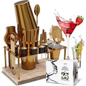 17-Piece Gold Stainless Steel Bartender Kit - Bar Cocktail Shaker Set, 30 oz. Muddler, Jigger & Pourers w/Wood Stand