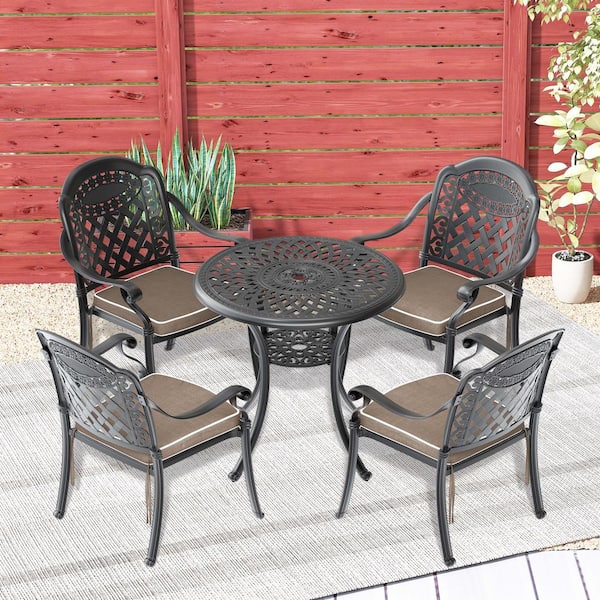 Willit Isabella 5-Piece Cast Aluminum Outdoor Dining Set with 30.71 in. Round Table and Random Color Cushions