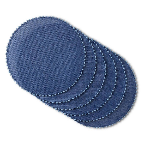 MARTHA STEWART Woven Lindos 15" Round Navy Blue Water Resistant Placemats (Set of 6)
