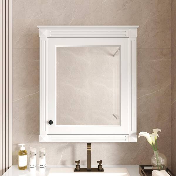 FAMYYT 24 in. W x 28 in. H White Rectangular Wooden Medicine Cabinet with Mirror and Adjustable Shelf
