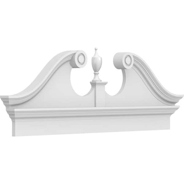 Ekena Millwork 52 in. W x 19-7/8 in. H x 2-3/4 in. P Rams Head Signature Urethane Combination Pediment Urn Ships Unattached in Box Prim