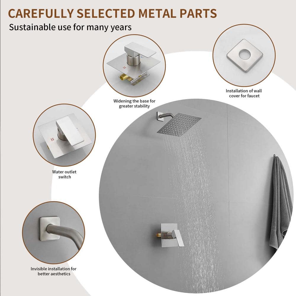 Nickel Square Wall Mounted Rain Shower Faucet Set