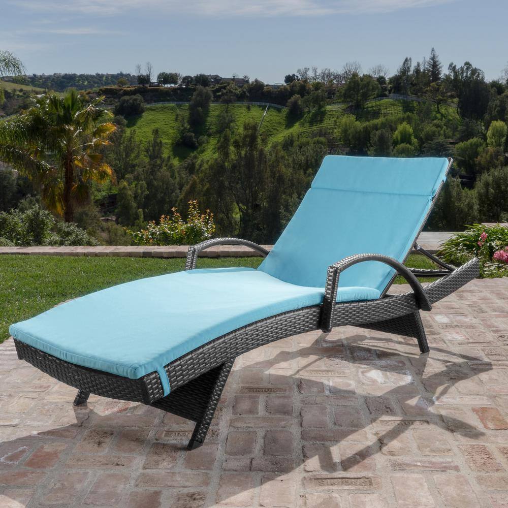 Noble House Miller Grey Faux Rattan Outdoor Chaise Lounge with Blue