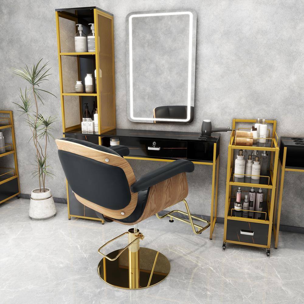 PU Leather 360° Swivel Wood Barber Chair with Heavy-Duty Hydraulic Pump Ad