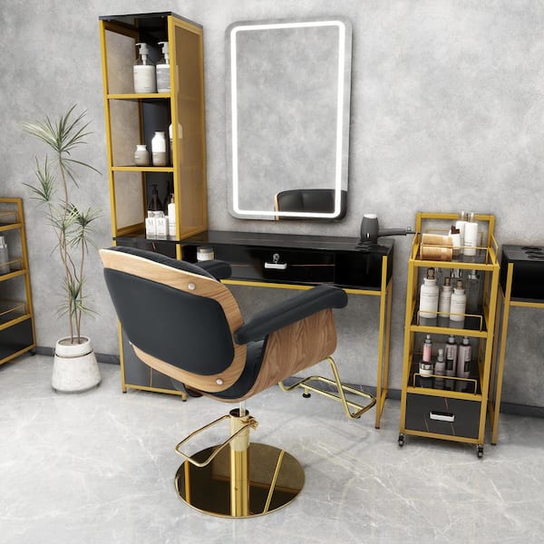 Unbranded PU Leather 360° Swivel Wood Barber Chair with Heavy-Duty Hydraulic Pump Adjustable Salon Armrest Chair in Black