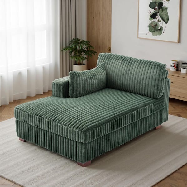 Modern Left Arm Facing Green Faux Rabbit Fur Polyester Upholstered Sectional Chaise Lounge with Wood Frame