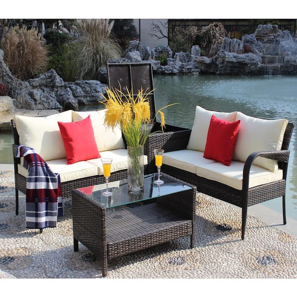 Unbranded 4-Piece Brown Wicker Rattan Outdoor Patio Conversation Sectional Sofa Furniture Set with Beige Cushions
