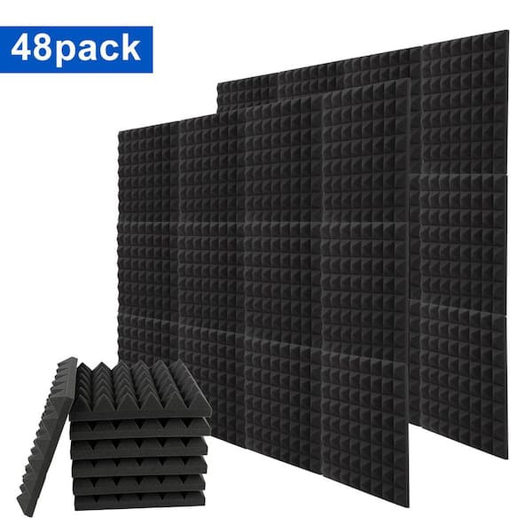2 in. T x 1 ft. x 1 ft. Black Professional Pyramid Acoustic Foam Sound Absorbing Panel for Wall Noise Reduction 48-Pack