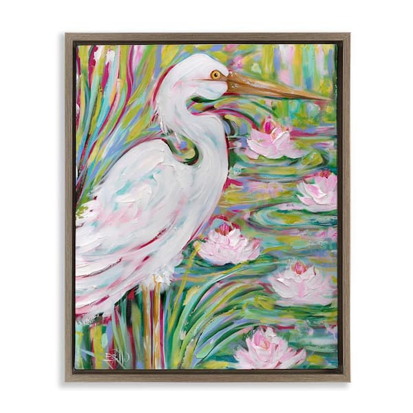 Stupell Industries Great White Egret and Lotus by Estelle Grengs Brown Floater Frame Animal Graphic Art Print 31 in. x 25 in.