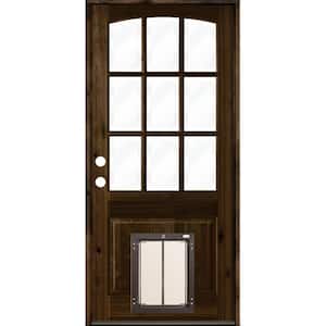 32 in. x 80 in. Knotty Alder Right-Hand/Inswing 9-Lite Clear Glass Black Stain Wood Prehung Front Door w/Large Dog Door