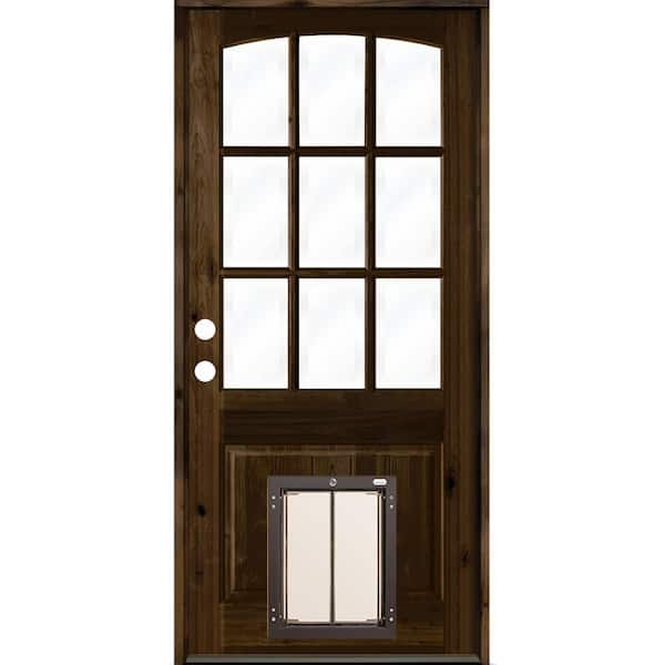 32 in. x 80 in. Knotty Alder Right-Hand/Inswing 9-Lite Clear Glass Black Stain Wood Prehung Front Door w/Large Dog Door