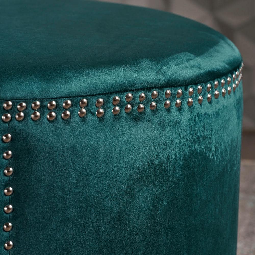 Teal Velvet Round Studded Accent Ottoman