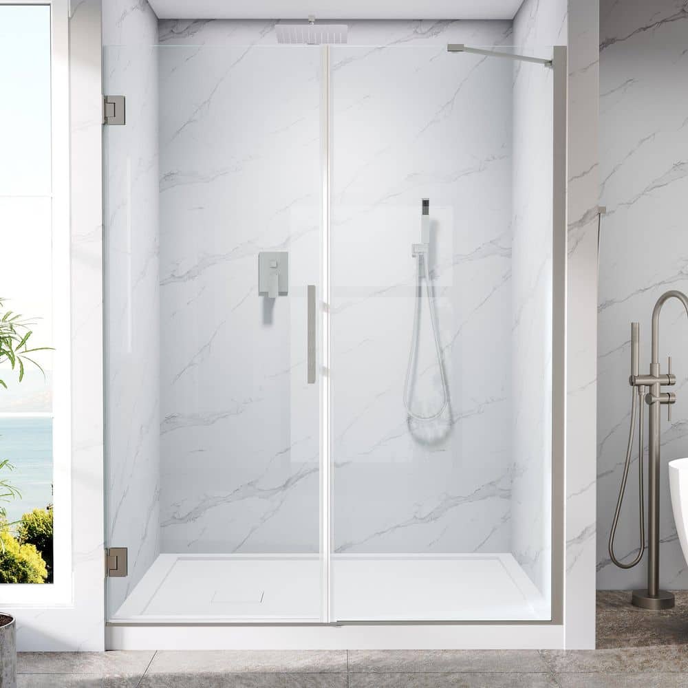 "UNIFIT 58-59 in. W x 72 in. H Hinged Frameless Shower Door in Brushed Nickel with 3/8"" SGCC Clear Tempered Glass" price history on PriceWatchPro