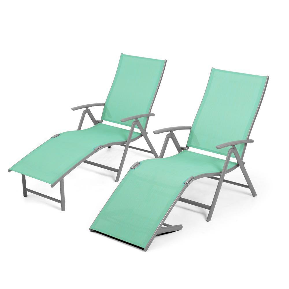 Green Aluminum Folding Outdoor Chaise Lounge Chairs, Set of 2