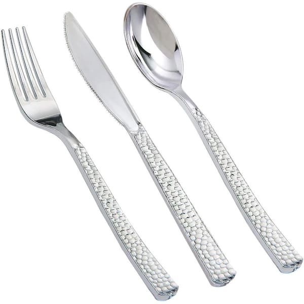360-Piece Silver Hammered Disposable Plastic Flatware Set with Forks Knives Spoons (Service for 120)