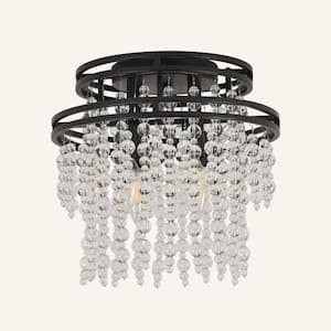 12.6 in. 4-Light Black Flush Mount Ceiling Light with Small Crystal Pendant