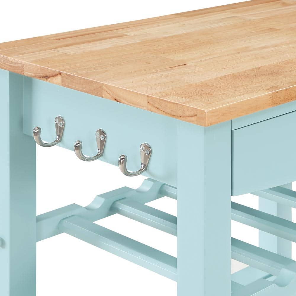 Sea Foam Blue Wood Butcher Block Kitchen Cart with Wine Rack