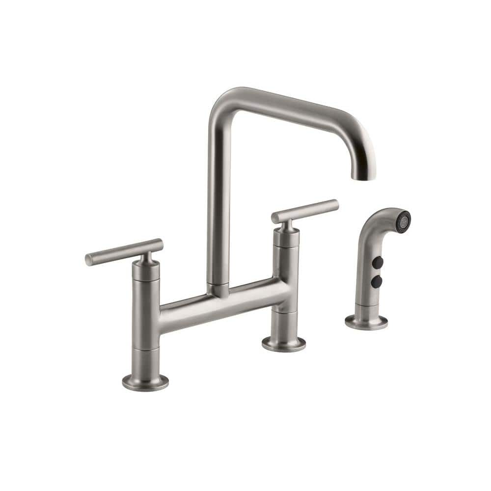 KOHLER Purist 2-Handle Bridge Kitchen Faucet with Side Sprayer in