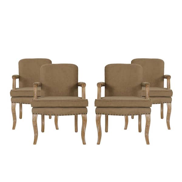 Noble House Ardson Dark Beige and Natural Fabric Dining Arm Chairs (Set of 4)