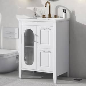 24 in. x 18 in. x 33 in. Practical Freestanding Bathroom Vanity Storage Wood Cabinet in White with White Caremic Top