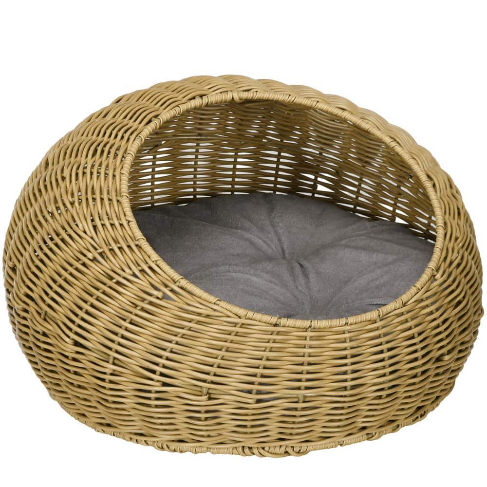 Small Light Brown Rattan Wicker Cat Bed with Cushion