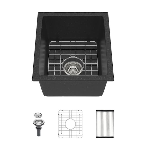 14.82 in. Undermount Singel Bowl 16 Gauge Black Quartz Kitchen Sink with Bottom Grid, Baskets Strainers