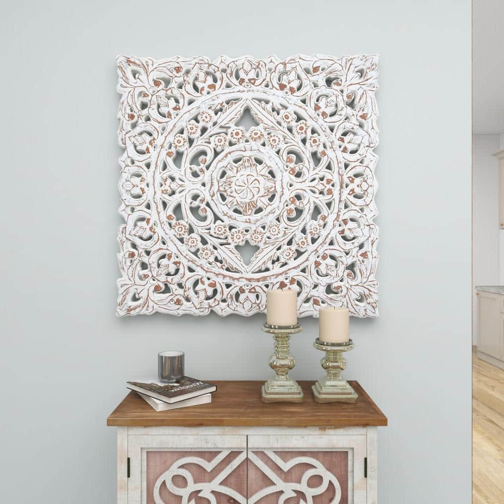 Whitewashed Wood Botanical Carved Wall Panel, 36" Square