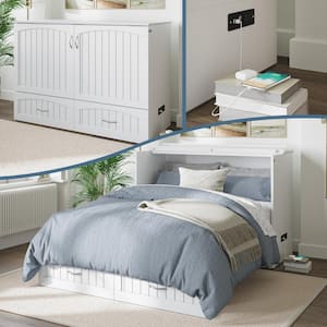 Southampton Full White Murphy Bed Chest with Memory Foam Folding Mattress Built-in Charging Station and Storage Drawer