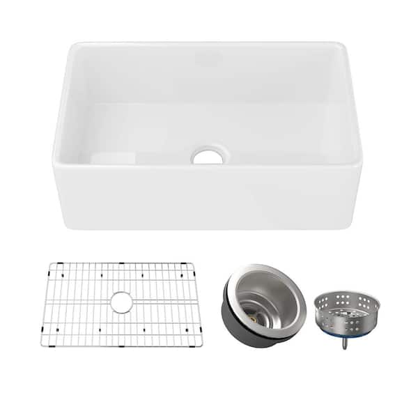 IDEAGLE 33 in. Fireclay Farmhouse Sink Apron-Front Single Bowl White Kitchen Sink Undermount with Bottom Grid and Strainer