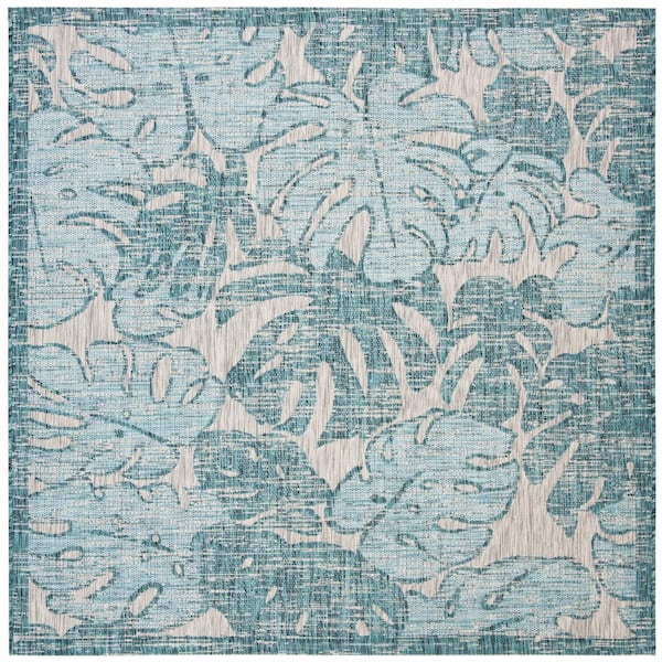 SAFAVIEH Courtyard Gray/Aqua 7 ft. x 7 ft. Square Tropical Border Indoor/Outdoor Patio Area Rug