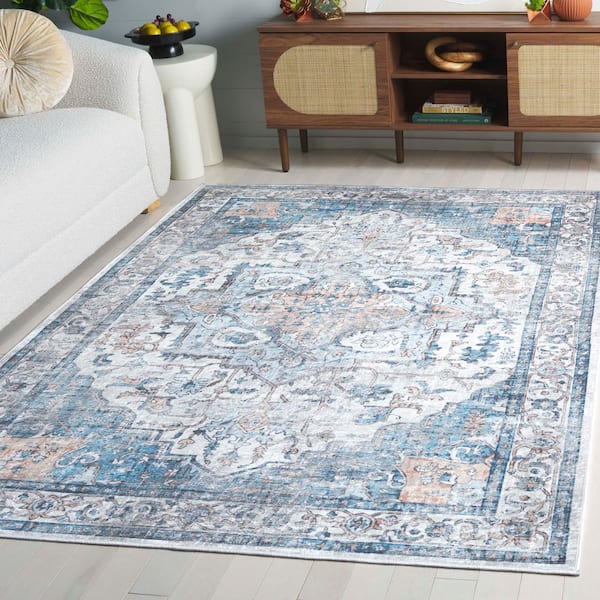 Orlando 5 ft. x 8 ft. Blue/Beige Distressed Medallion Washable Area Rug