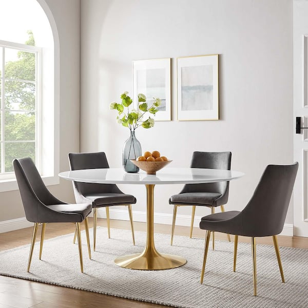 Lippa Round Gold White MDF Wood 60 in. Pedestal Base Dining Table for 4