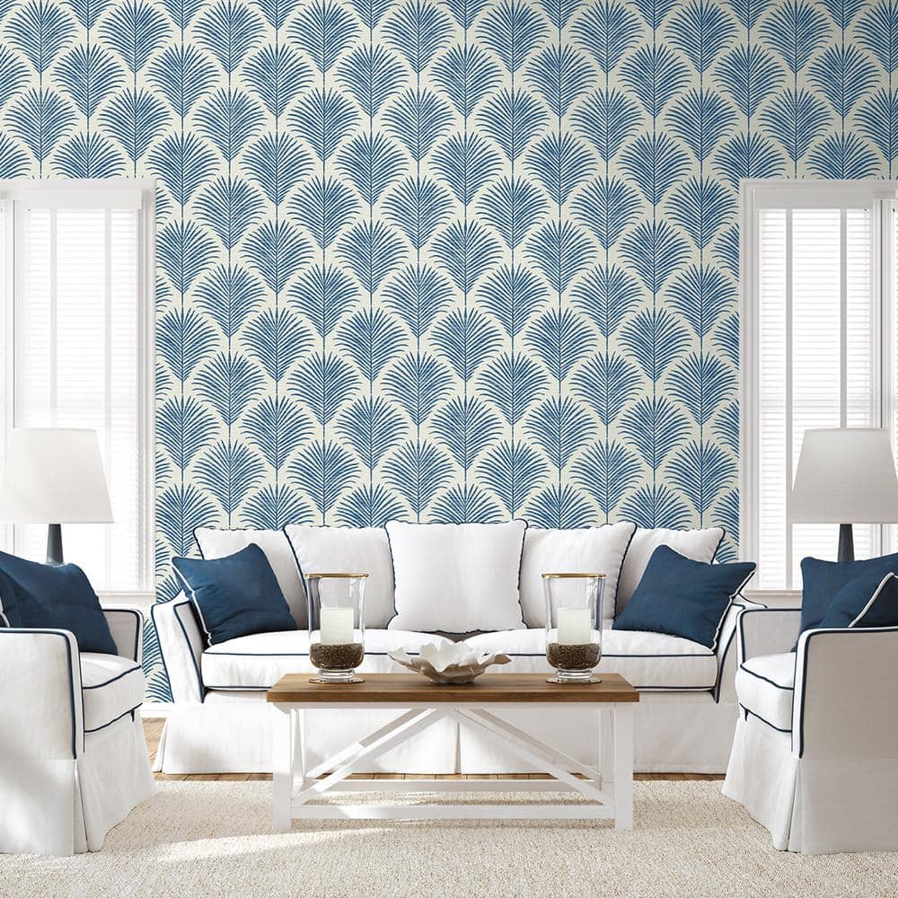 Coastal Blue Palm Frond Vinyl Peel and Stick Wallpaper Roll