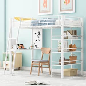 White Metal Twin Size Loft Bed with 3-Tier Shelves and Wood Desk, Whiteboard, Inclined Ladder