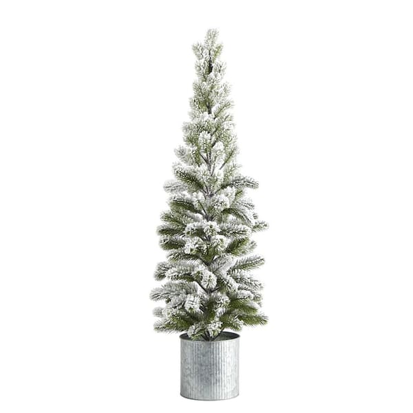 Nearly Natural 3 ft. Flocked Christmas Artificial Pine Tree in Tin ...