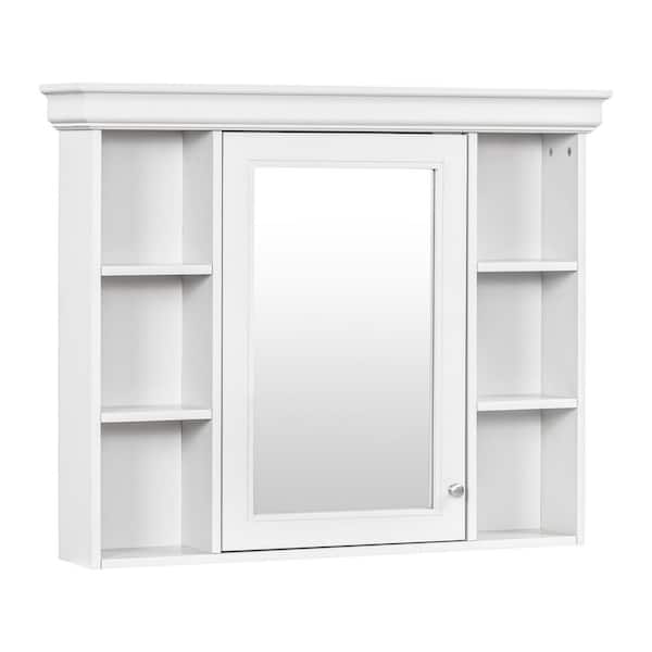 Classic 7.16 in. W x 35.50 in. D x 28.74 in. H Bathroom Storage Wall Cabinet in White with Mirror and 6 Open Shelves