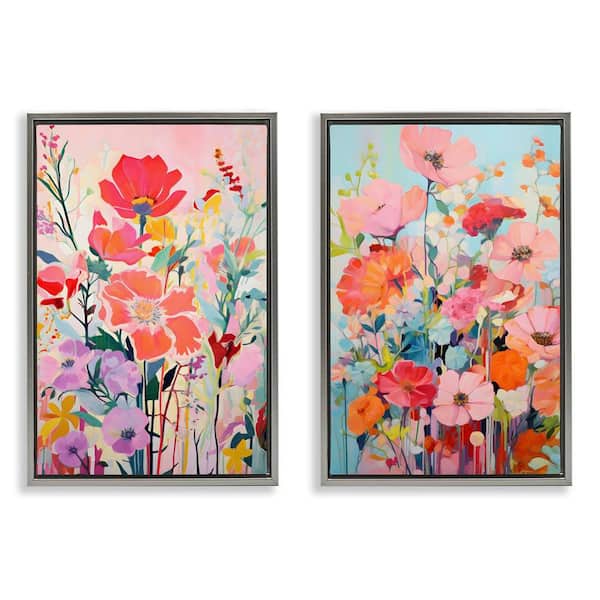 Bright Contemporary Flowers by LSR Design Studio 2-Pieces Gray Floater Frame Nature Graphic Art Print 31 in. x 21 in.