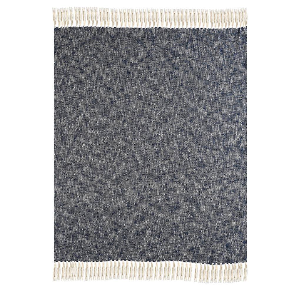 Navy Blue and Off-White Cotton Chambray Throw Blanket with Fringe