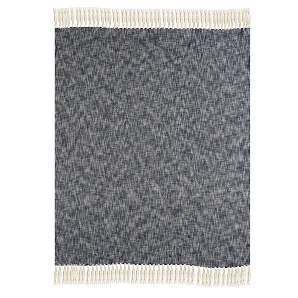 Distressed Navy Blue / Ivory 50 in. x 60 in. Woven Boho Chambray Fringe Throw Blanket