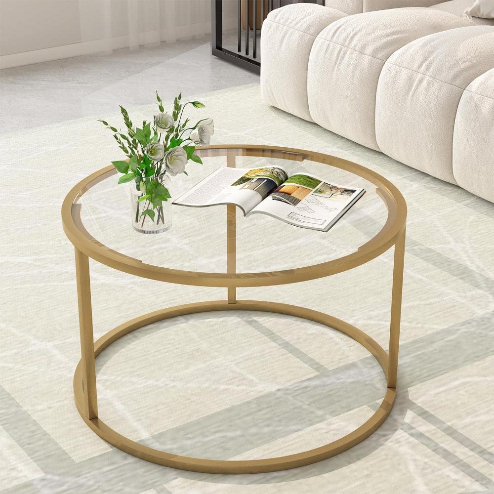 27 in. Round Coffee Table with Clear Glass Top and Gold Metal Frame for Small Spaces price history on PriceWatchPro