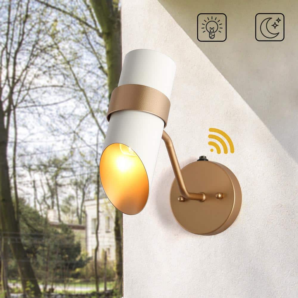 Modern 1-Light Matte White and Gold Dusk to Dawn Cylinder Outdoor Wall Lantern Sconce with Metal Shade, LED Compatible price history on PriceWatchPro